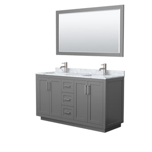 Miranda 60 Inch Double Bathroom Vanity in Dark Gray White Carrara Marble Countertop Undermount Square Sinks Brushed Nickel Trim 58 Inch Mirror