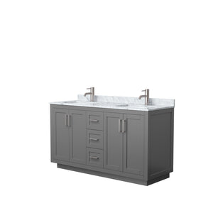 Miranda 60 Inch Double Bathroom Vanity in Dark Gray White Carrara Marble Countertop Undermount Square Sinks Brushed Nickel Trim