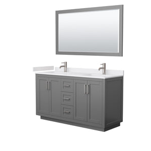 Miranda 60 Inch Double Bathroom Vanity in Dark Gray White Cultured Marble Countertop Undermount Square Sinks Brushed Nickel Trim 58 Inch Mirror