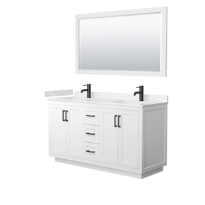 Miranda 60 Inch Double Bathroom Vanity in White Carrara Cultured Marble Countertop Undermount Square Sinks Matte Black Trim 58 Inch Mirror