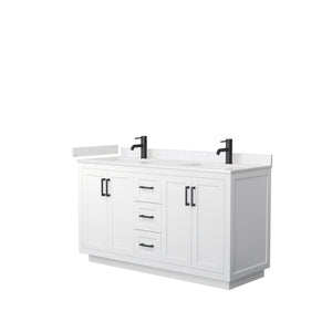 Miranda 60 Inch Double Bathroom Vanity in White Carrara Cultured Marble Countertop Undermount Square Sinks Matte Black Trim