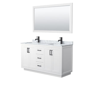 Miranda 60 Inch Double Bathroom Vanity in White White Carrara Marble Countertop Undermount Square Sinks Matte Black Trim 58 Inch Mirror