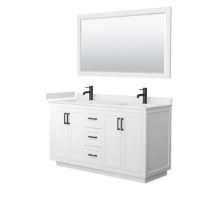 Miranda 60 Inch Double Bathroom Vanity in White White Cultured Marble Countertop Undermount Square Sinks Matte Black Trim 58 Inch Mirror