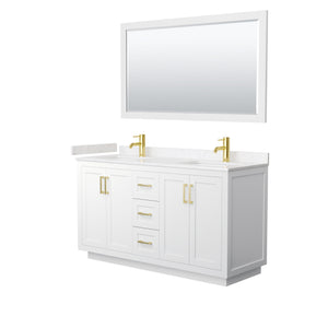 Miranda 60 Inch Double Bathroom Vanity in White Carrara Cultured Marble Countertop Undermount Square Sinks Brushed Gold Trim 58 Inch Mirror