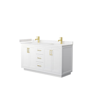 Miranda 60 Inch Double Bathroom Vanity in White Carrara Cultured Marble Countertop Undermount Square Sinks Brushed Gold Trim
