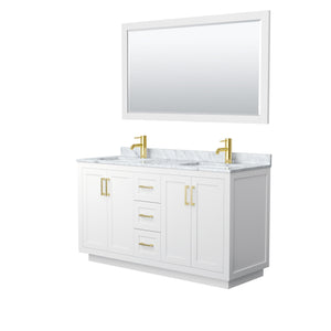 Miranda 60 Inch Double Bathroom Vanity in White White Carrara Marble Countertop Undermount Square Sinks Brushed Gold Trim 58 Inch Mirror