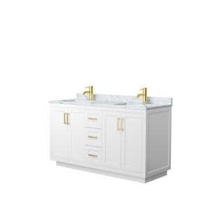 Miranda 60 Inch Double Bathroom Vanity in White White Carrara Marble Countertop Undermount Square Sinks Brushed Gold Trim