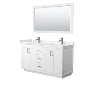 Miranda 60 Inch Double Bathroom Vanity in White Carrara Cultured Marble Countertop Undermount Square Sinks Brushed Nickel Trim 58 Inch Mirror