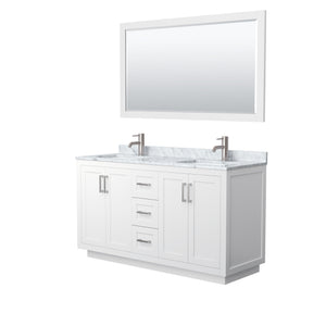 Miranda 60 Inch Double Bathroom Vanity in White White Carrara Marble Countertop Undermount Square Sinks Brushed Nickel Trim 58 Inch Mirror