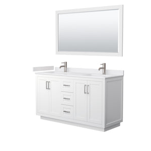 Miranda 60 Inch Double Bathroom Vanity in White White Cultured Marble Countertop Undermount Square Sinks Brushed Nickel Trim 58 Inch Mirror