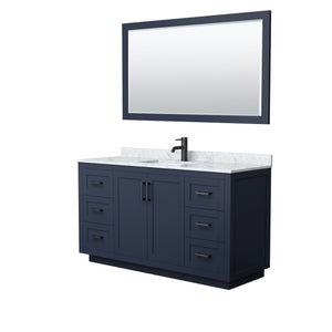 Miranda 60 Inch Single Bathroom Vanity in Dark Blue White Carrara Marble Countertop Undermount Square Sink Matte Black Trim 58 Inch Mirror