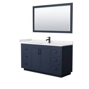 Miranda 60 Inch Single Bathroom Vanity in Dark Blue White Cultured Marble Countertop Undermount Square Sink Matte Black Trim 58 Inch Mirror