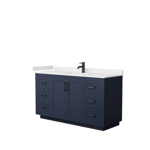 Miranda 60 Inch Single Bathroom Vanity in Dark Blue White Cultured Marble Countertop Undermount Square Sink Matte Black Trim