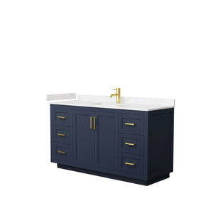 Miranda 60 Inch Single Bathroom Vanity in Dark Blue Carrara Cultured Marble Countertop Undermount Square Sink Brushed Gold Trim