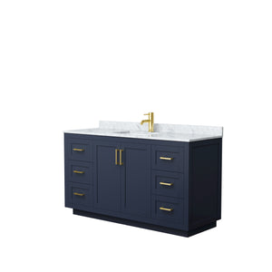 Miranda 60 Inch Single Bathroom Vanity in Dark Blue White Carrara Marble Countertop Undermount Square Sink Brushed Gold Trim