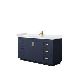Miranda 60 Inch Single Bathroom Vanity in Dark Blue White Cultured Marble Countertop Undermount Square Sink Brushed Gold Trim