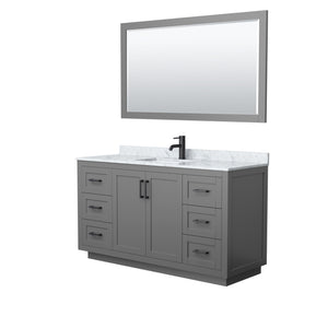 Miranda 60 Inch Single Bathroom Vanity in Dark Gray White Carrara Marble Countertop Undermount Square Sink Matte Black Trim 58 Inch Mirror
