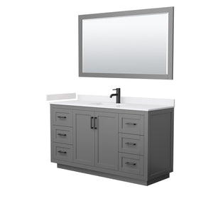 Miranda 60 Inch Single Bathroom Vanity in Dark Gray White Cultured Marble Countertop Undermount Square Sink Matte Black Trim 58 Inch Mirror