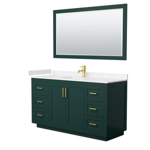 Miranda 60 Inch Single Bathroom Vanity in Green Carrara Cultured Marble Countertop Undermount Square Sink Brushed Gold Trim 58 Inch Mirror
