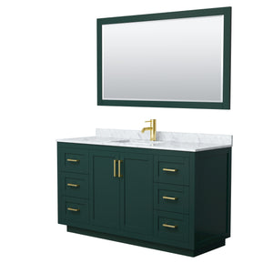 Miranda 60 Inch Single Bathroom Vanity in Green White Carrara Marble Countertop Undermount Square Sink Brushed Gold Trim 58 Inch Mirror