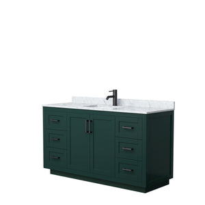 Miranda 60 Inch Single Bathroom Vanity in Green White Carrara Marble Countertop Undermount Square Sink Matte Black Trim