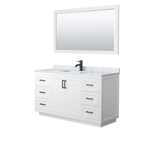 Miranda 60 Inch Single Bathroom Vanity in White White Carrara Marble Countertop Undermount Square Sink Matte Black Trim 58 Inch Mirror