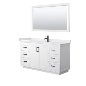 Miranda 60 Inch Single Bathroom Vanity in White White Cultured Marble Countertop Undermount Square Sink Matte Black Trim 58 Inch Mirror