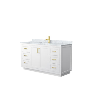 Miranda 60 Inch Single Bathroom Vanity in White White Carrara Marble Countertop Undermount Square Sink Brushed Gold Trim