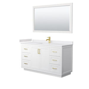 Miranda 60 Inch Single Bathroom Vanity in White White Cultured Marble Countertop Undermount Square Sink Brushed Gold Trim 58 Inch Mirror