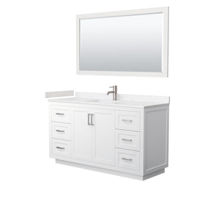 Miranda 60 Inch Single Bathroom Vanity in White Carrara Cultured Marble Countertop Undermount Square Sink Brushed Nickel Trim 58 Inch Mirror