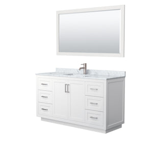 Miranda 60 Inch Single Bathroom Vanity in White White Carrara Marble Countertop Undermount Square Sink Brushed Nickel Trim 58 Inch Mirror