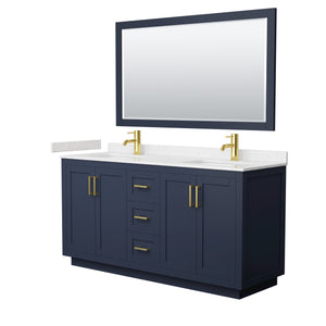Miranda 66 Inch Double Bathroom Vanity in Dark Blue Carrara Cultured Marble Countertop Undermount Square Sinks Brushed Gold Trim 58 Inch Mirror