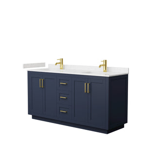 Miranda 66 Inch Double Bathroom Vanity in Dark Blue Carrara Cultured Marble Countertop Undermount Square Sinks Brushed Gold Trim
