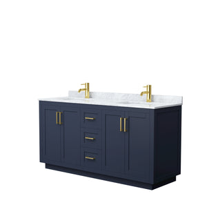 Miranda 66 Inch Double Bathroom Vanity in Dark Blue White Carrara Marble Countertop Undermount Square Sinks Brushed Gold Trim