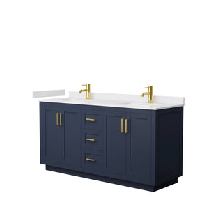 Miranda 66 Inch Double Bathroom Vanity in Dark Blue White Cultured Marble Countertop Undermount Square Sinks Brushed Gold Trim