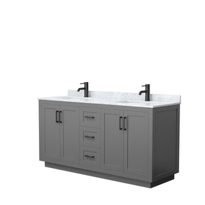 Miranda 66 Inch Double Bathroom Vanity in Dark Gray White Carrara Marble Countertop Undermount Square Sinks Matte Black Trim