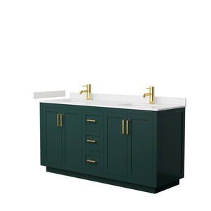 Miranda 66 Inch Double Bathroom Vanity in Green Carrara Cultured Marble Countertop Undermount Square Sinks Brushed Gold Trim