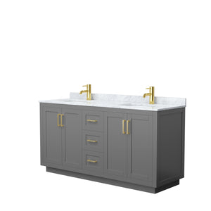 Miranda 66 Inch Double Bathroom Vanity in Dark Gray White Carrara Marble Countertop Undermount Square Sinks Brushed Gold Trim