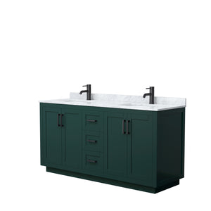 Miranda 66 Inch Double Bathroom Vanity in Green White Carrara Marble Countertop Undermount Square Sinks Matte Black Trim