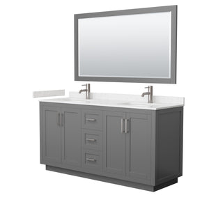 Miranda 66 Inch Double Bathroom Vanity in Dark Gray Carrara Cultured Marble Countertop Undermount Square Sinks Brushed Nickel Trim 58 Inch Mirror