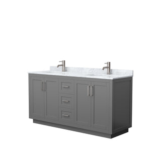 Miranda 66 Inch Double Bathroom Vanity in Dark Gray White Carrara Marble Countertop Undermount Square Sinks Brushed Nickel Trim