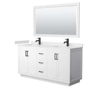 Miranda 66 Inch Double Bathroom Vanity in White Carrara Cultured Marble Countertop Undermount Square Sinks Matte Black Trim 58 Inch Mirror