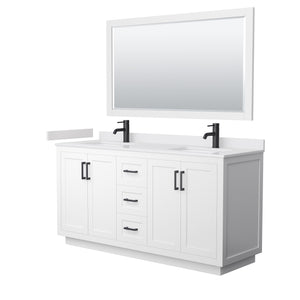 Miranda 66 Inch Double Bathroom Vanity in White White Cultured Marble Countertop Undermount Square Sinks Matte Black Trim 58 Inch Mirror