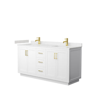Miranda 66 Inch Double Bathroom Vanity in White Carrara Cultured Marble Countertop Undermount Square Sinks Brushed Gold Trim