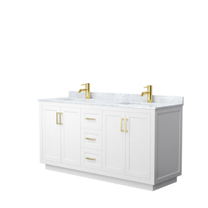 Miranda 66 Inch Double Bathroom Vanity in White White Carrara Marble Countertop Undermount Square Sinks Brushed Gold Trim