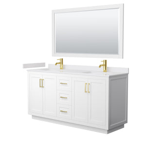 Miranda 66 Inch Double Bathroom Vanity in White White Cultured Marble Countertop Undermount Square Sinks Brushed Gold Trim 58 Inch Mirror