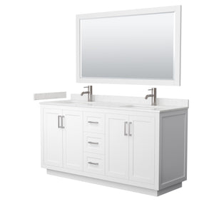 Miranda 66 Inch Double Bathroom Vanity in White Carrara Cultured Marble Countertop Undermount Square Sinks Brushed Nickel Trim 58 Inch Mirror