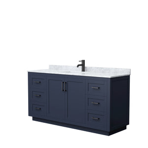 Miranda 66 Inch Single Bathroom Vanity in Dark Blue White Carrara Marble Countertop Undermount Square Sink Matte Black Trim