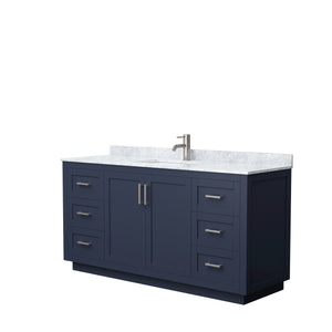 Miranda 66 Inch Single Bathroom Vanity in Dark Blue White Carrara Marble Countertop Undermount Square Sink Brushed Nickel Trim