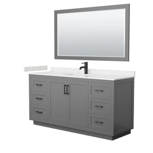 Miranda 66 Inch Single Bathroom Vanity in Dark Gray Carrara Cultured Marble Countertop Undermount Square Sink Matte Black Trim 58 Inch Mirror